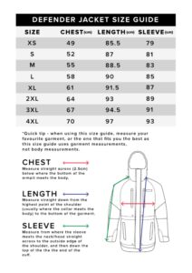Bushbuck Defender Jacket Size Chart