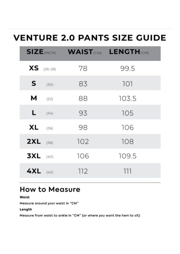 Venture Pant Size Guide
