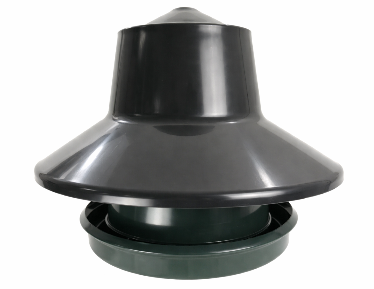 HABC0070-KING-FEEDER-OUTDOOR-alt-edit-2-2 BEC King Feeder 25kg with black rain cover and green feeding pan for poultry and game birds