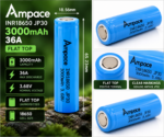 Ampace INR18650 JP30 3000mAh 36A flat top lithium-ion battery showing 18.56mm diameter, 65.23mm length and key specifications