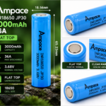 Ampace INR18650 JP30 3000mAh 36A flat top lithium-ion battery showing 18.56mm diameter, 65.23mm length and key specifications