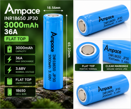 Ampace INR18650 JP30 3000mAh 36A flat top lithium-ion battery showing 18.56mm diameter, 65.23mm length and key specifications