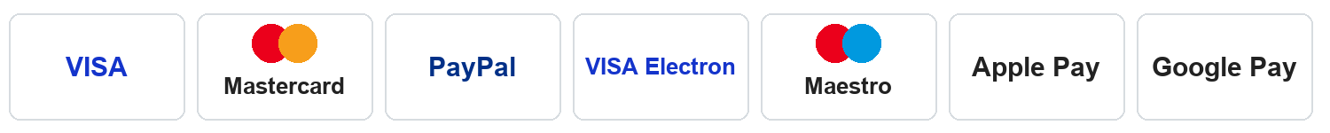 Visa, Mastercard, PayPal, Visa Electron, Maestro, Apple Pay and Google Pay